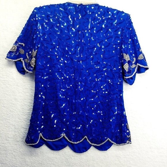 Vintage 2 Piece Silk Blouse Skirt Set Size 10 Blue Silver Beaded Shoulder Pads - Picture 3 of 12